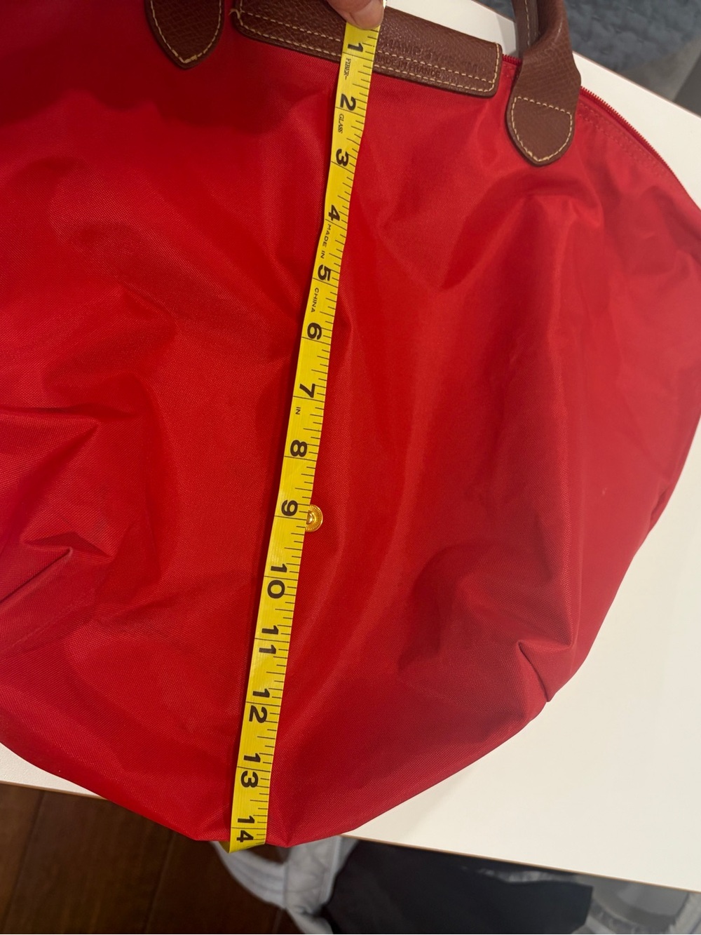 Longchamp Le Pliage Red Nylon Tote Bag with Brown Leather Trim Handle - Picture 9 of 13